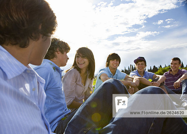Teenagergruppe auf Rasen sitzend  redend