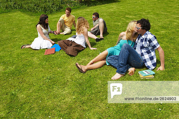 Jugendgruppe auf dem Rasen sitzend