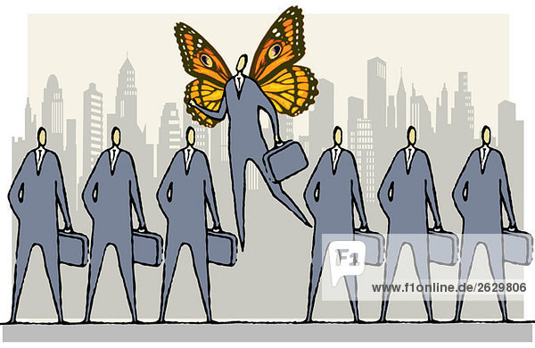 Businessmen standing in a row  one man with butterfly wings hovering above them