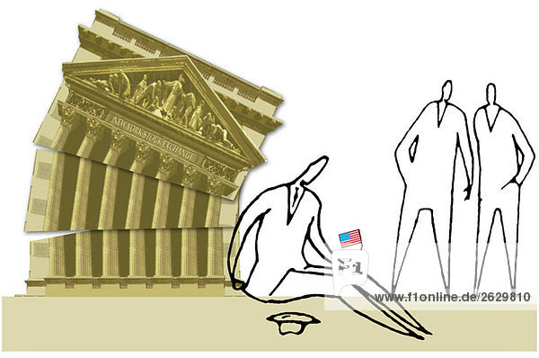 Illustration  Beggar sitting in front of damaged New York Stock Exchange building  two men watching