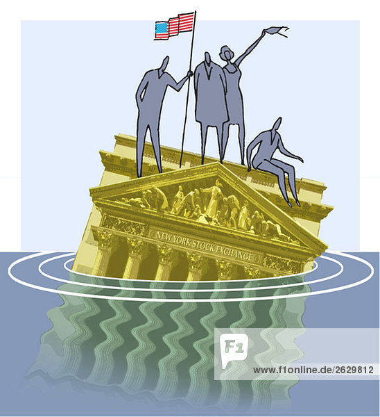 Four persons standing on the roof of the drowning New York Stock Exchange building