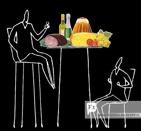 Man sitting at table with foods  another man watching from below