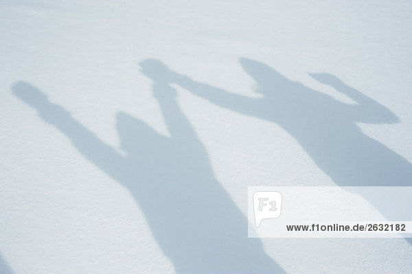 Shadow of people raising arms on snow