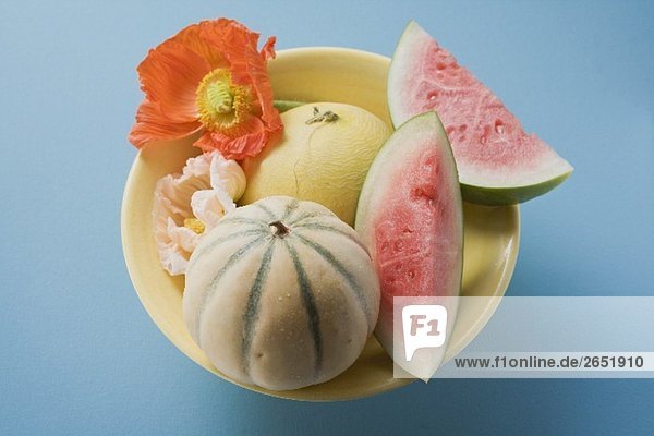 Drei verschiedene Melonen in Schale (Draufsicht)