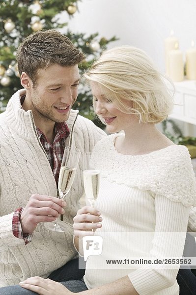 woman clinking glasses of sparkling wine (Christmas)