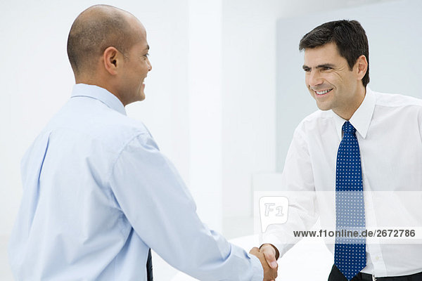 Two businessmen shaking hands  smiling