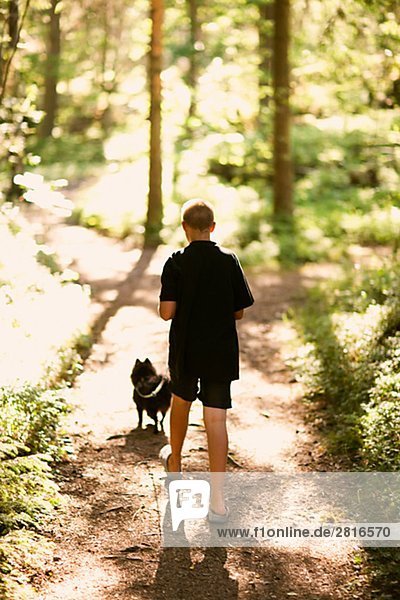 Ein Junge walking einen Hund im Wald Schweden.