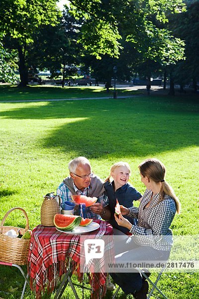 Senior Männer Frauen und Mädchen mit einem Picknick Schweden.