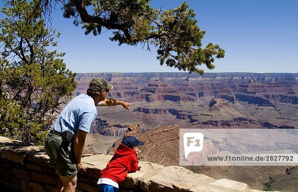 Father and son enjoying the view over the Grand Canyon  USA