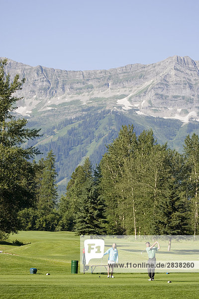 Young couple play golf at Fernie Golf and Country Club  Fernie  British Columbia  Canada.