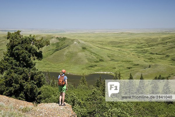 Junge Frau genießt Aussicht auf die Konglomerat Klippen  Cypress Hills provinzübergreifender Park  Saskatchewan  Kanada.