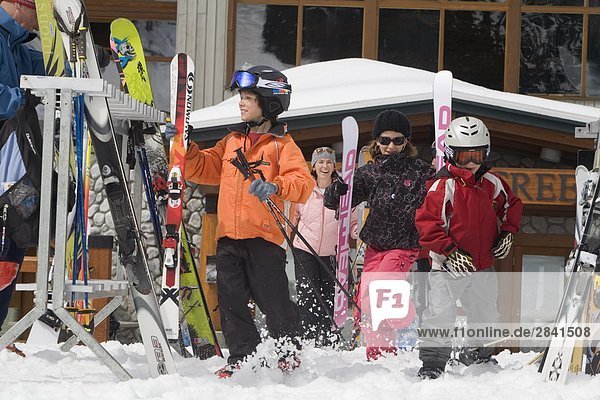 Young skiers ready for the slopes  Whistler Mountain  British Columbia  Canada.