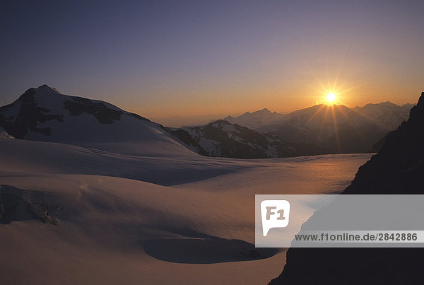 Sunset over the Matier Glacier Coast Mountains Joffre Lakes Provincial Park  British Columbia  Canada.