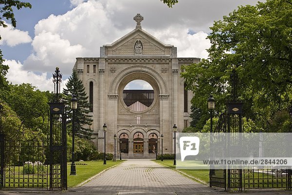 Facade of the St. Boniface Cathedral in the old French Quarter of St. Boniface  Winnipeg  Manitoba  Canada