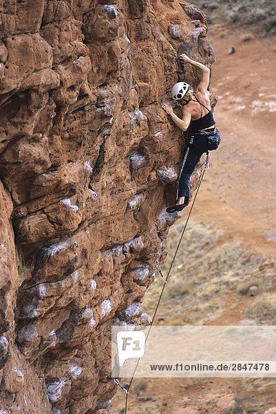 Woman onsighting 'Second Coming' at Chuckawalla Wall  St George  Utah  USA.