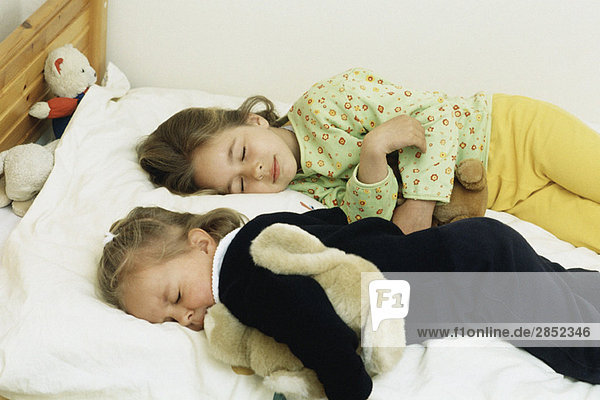 Schwestern schlafen im Bett  kuscheln Kuscheltiere
