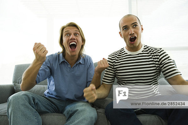 Zwei Männer sitzen auf dem Sofa und sehen fern  jubeln mit geballten Fäusten.