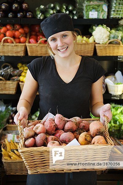 Porträt von einem weiblichen Gemüsehändler Schweden.