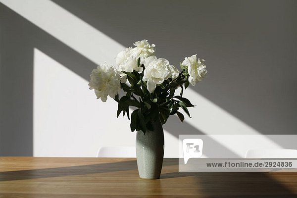 Eine Vase mit weißen Pfingstrosen (Paeonia lactiflora) auf einem Konferenztisch