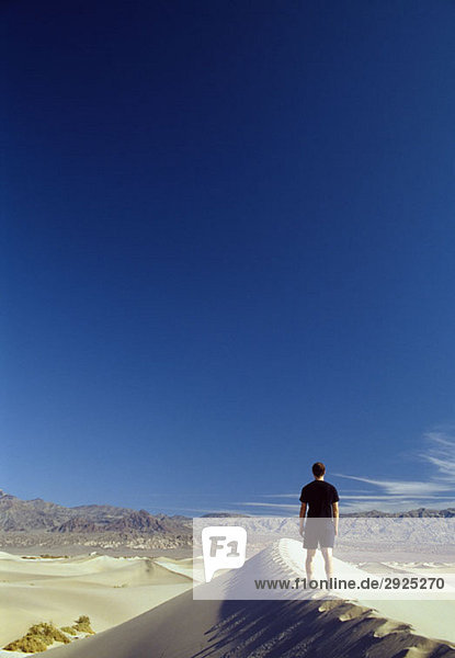 Ein Mann steht auf einer Sanddüne und schaut auf die Aussicht  Death Valley National Park  Kalifornien  USA