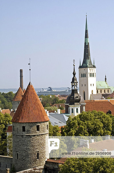 View from the Domberg in the background the Olai church Tallinn Estonia Baltic States