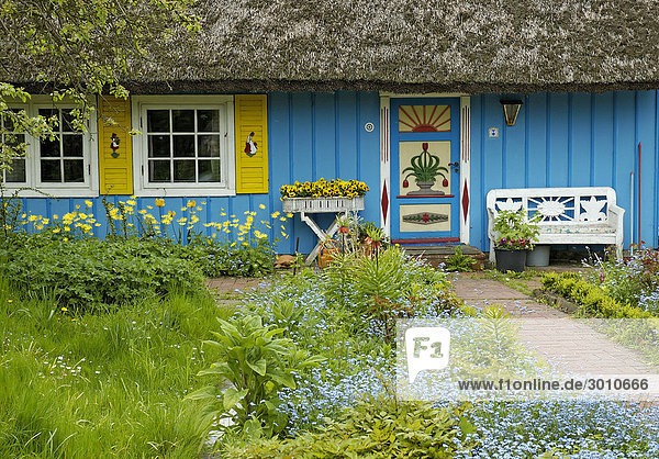 Farbenfrohe Eingangstür und Fenster an einem typischen alten Haus in Zingst auf dem Darß