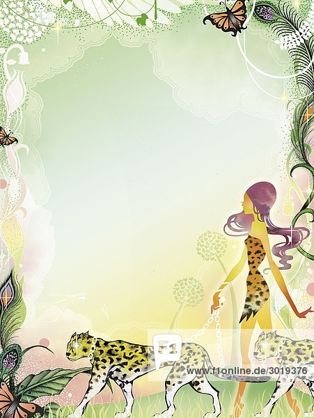 Glamouröse Frau geht mit Leoparden im Dschungel spazieren