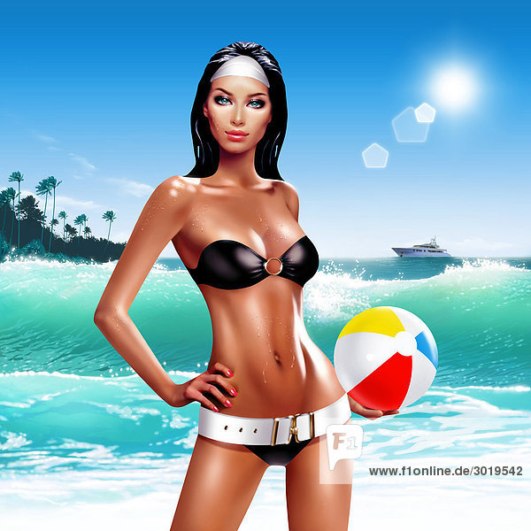 Woman in retro bikini standing on beach