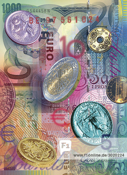 Collage mit verschiedenen Geldscheinen und Münzen