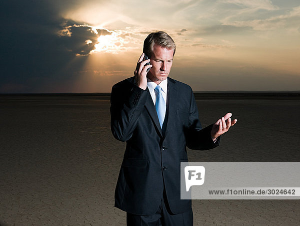 Geschäftsmann beim Telefonieren in der Wüste