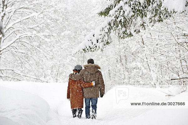 Austria  Salzburger Land  Altenmarkt  Couple walking in snow covered landscape  rear view