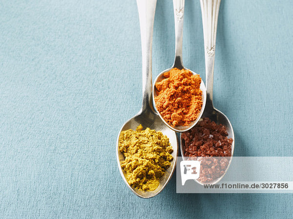 Cayennepfeffer Currypulver und Steinsalz auf Löffeln erhöhte Ansicht