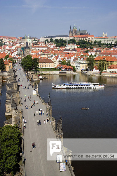 Czech Republic  Prague  Vitava river  Pleasure boat  elevated view