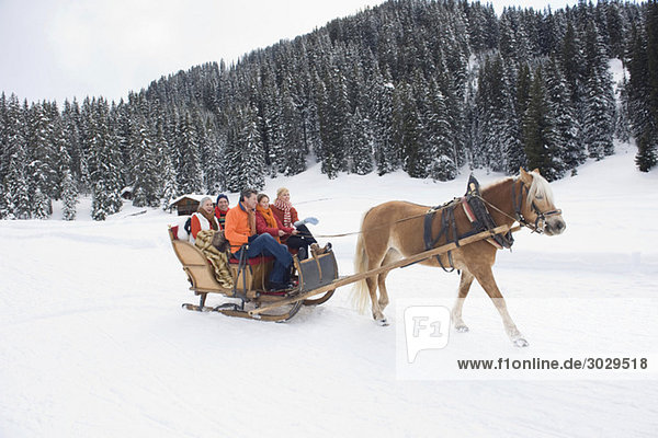 Italy  South Tyrol  Seiseralm  Family riding in sleigh