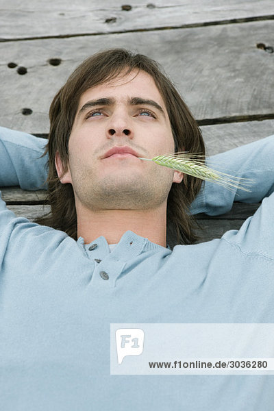 Mann liegt auf einer Promenade und denkt mit Weizenspelze im Maul