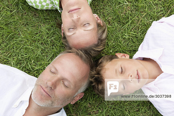 Junge mit seinen Eltern im Park auf Gras liegend