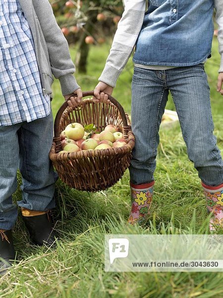 Girl and boy holding apple basket