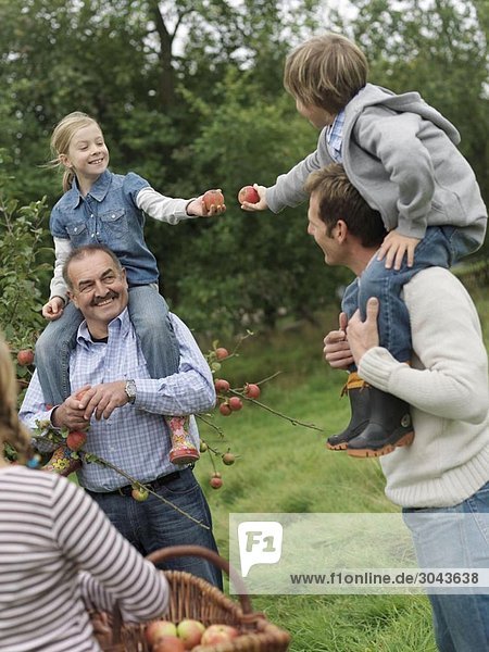 Children and adults picking apples