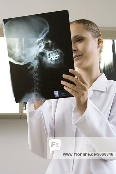 Female doctor looking at x-ray of patient's head  smiling