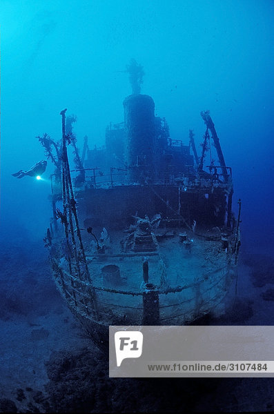 Unknown ship wreck and scuba diver  Papua New Guinea  Bismarck Sea