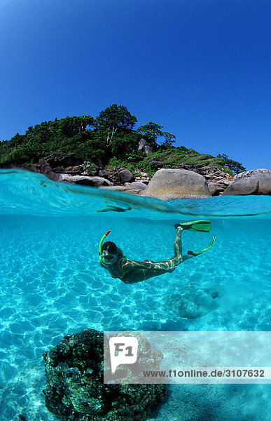 Woman snorkeling near tropical island  Similan Islands  Thailand  Andaman Sea  underwater shot