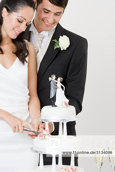 Bride and groom cutting a wedding cake