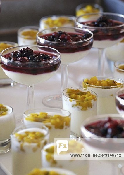 Verschiedene Joghurtdesserts mit Fruchtkompott