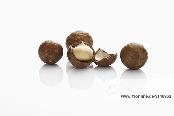 Several macadamia nuts one cracked open