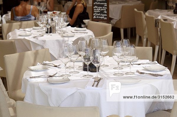 Laid tables with plates and glasses in a restaurant