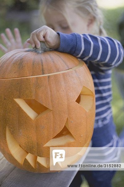 Small girl putting lid on pumpkin lantern