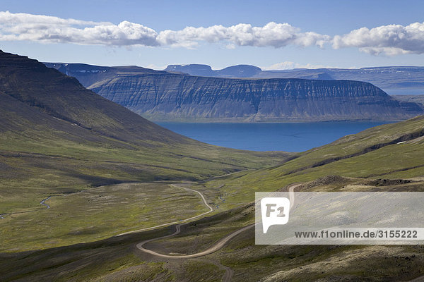 Switchback mountain road near Isafjordur The Westfjords Iceland