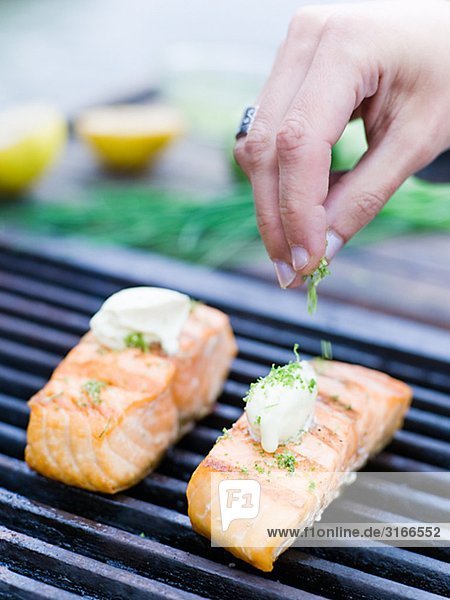 Salmon on a barbecue  close-up  Sweden.