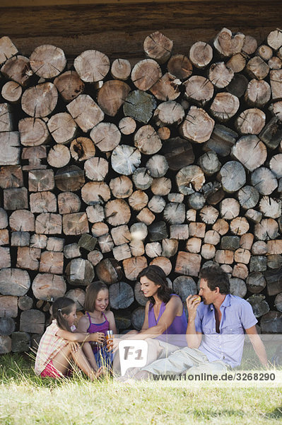 Italien  Südtirol  Familie beim Picknick vor Holzhaufen