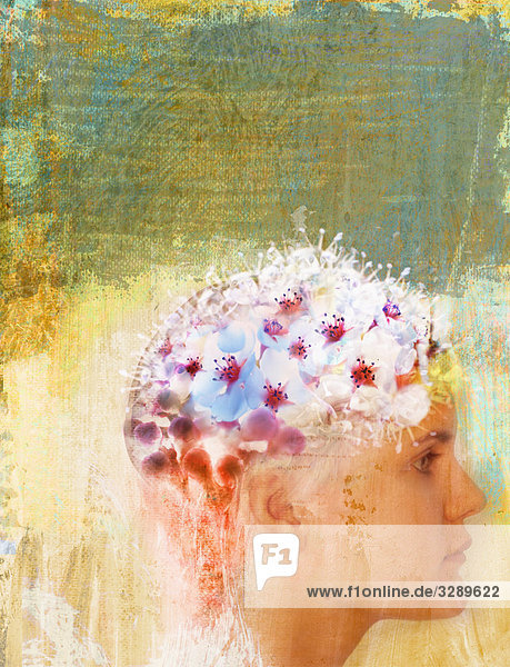 Frau mit Blumen auf dem Kopf